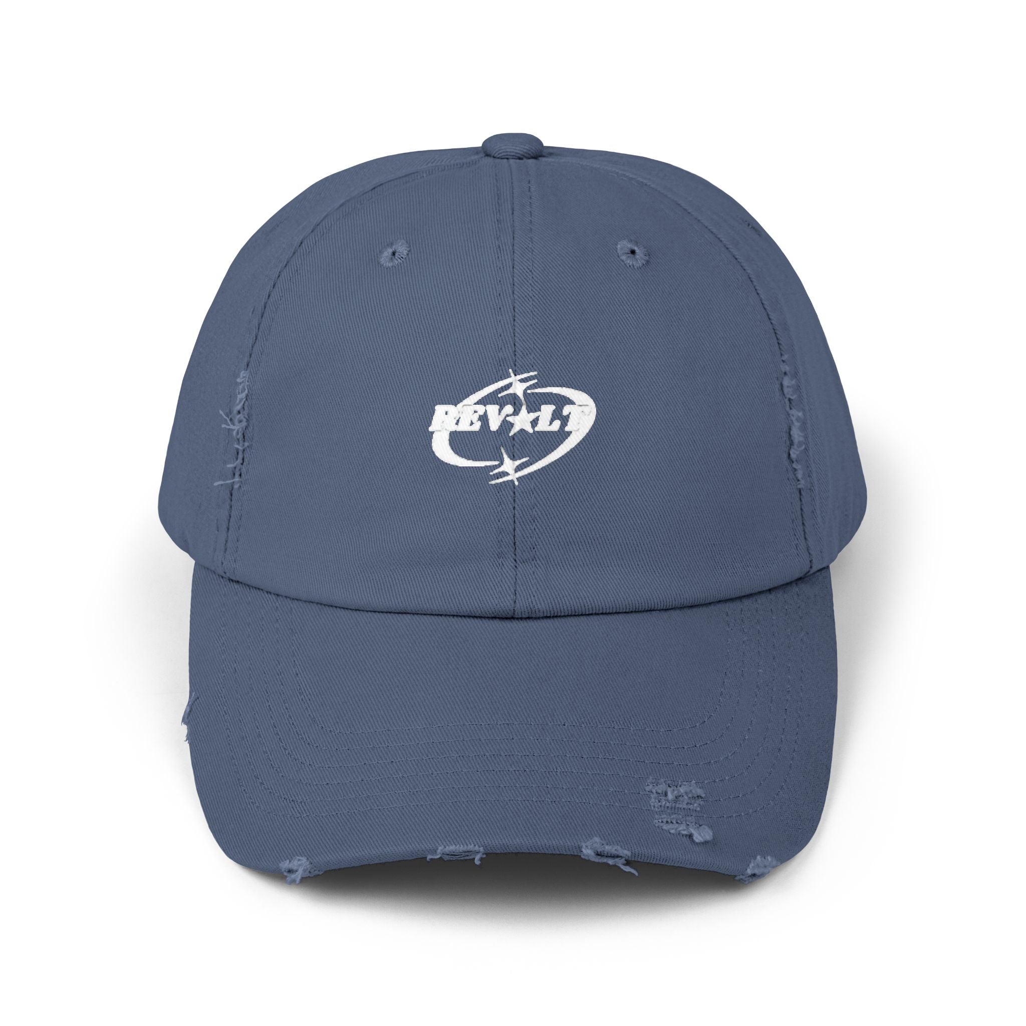 Casquette de baseball noire vieillie avec emblème grunge blanc