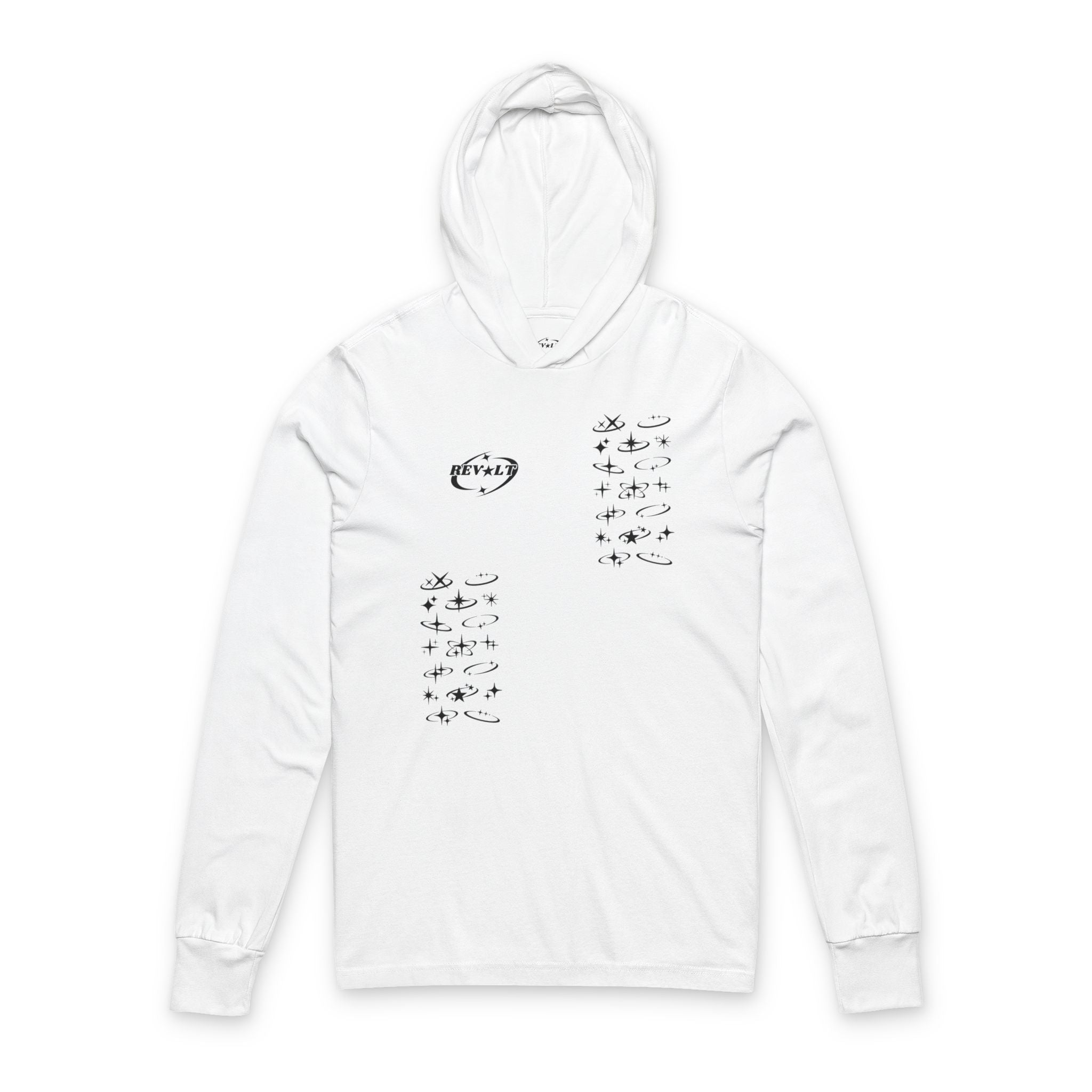 Minimal Cosmic Stars poetry hooded tee | long sleeve graphic top