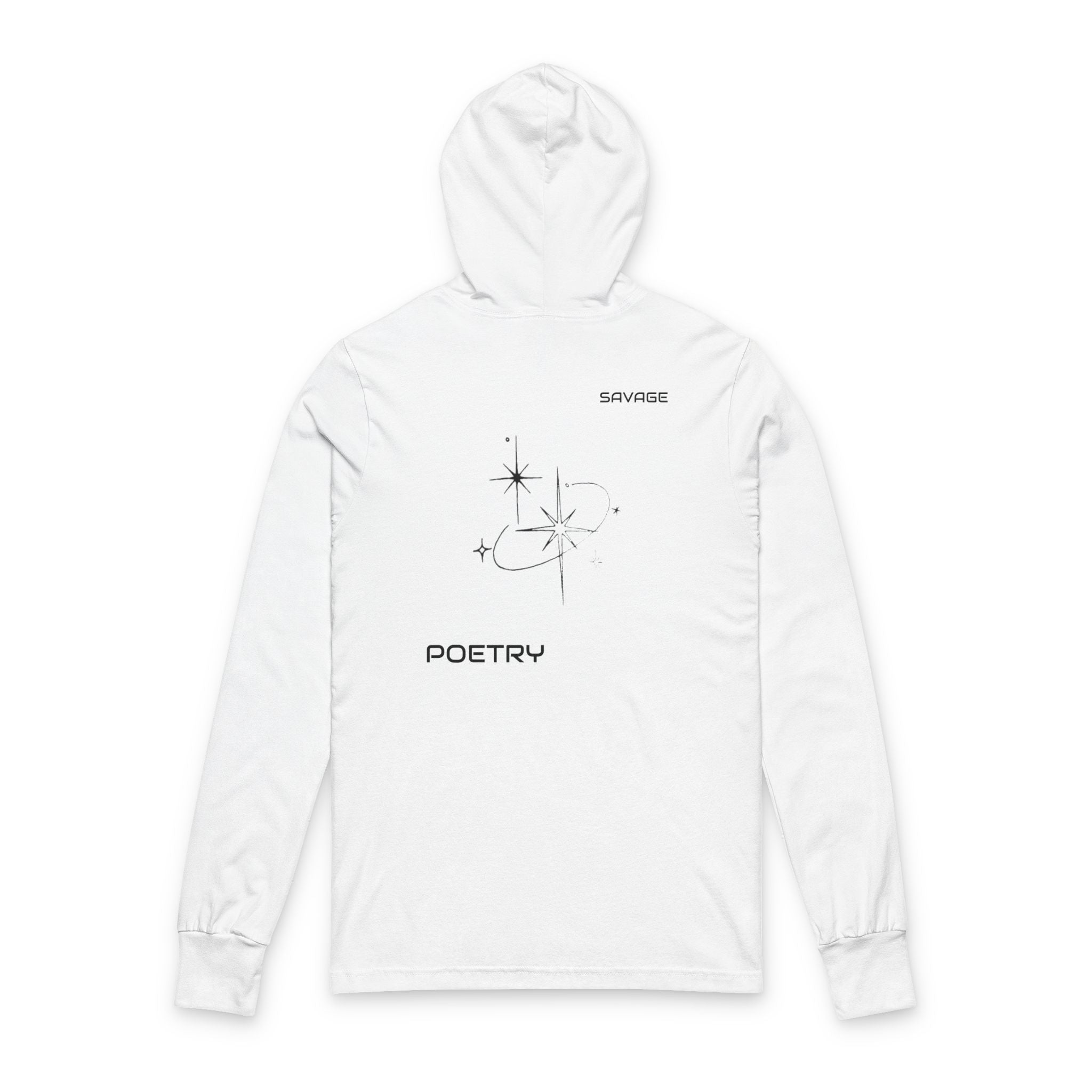 Minimal Cosmic Stars poetry hooded tee | long sleeve graphic top