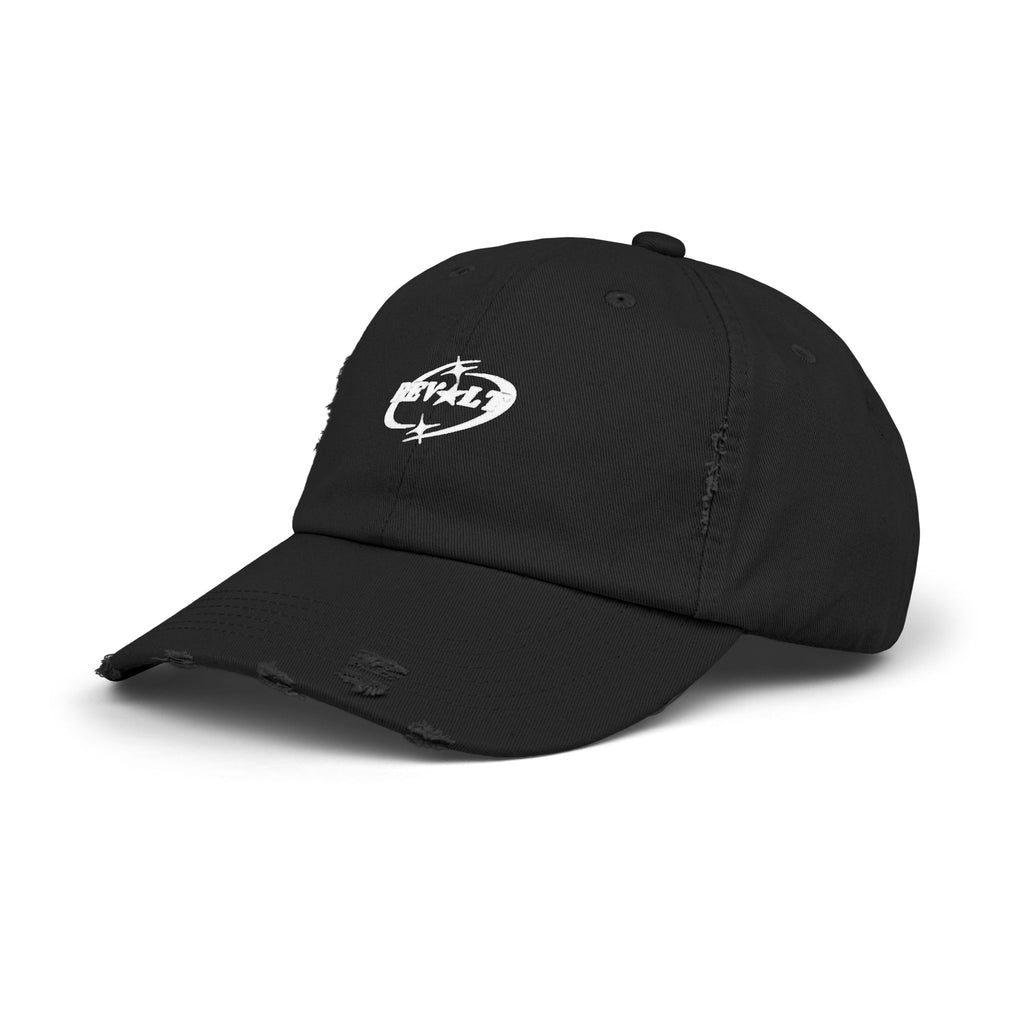 Distressed Black Baseball Cap with White Grunge Emblem