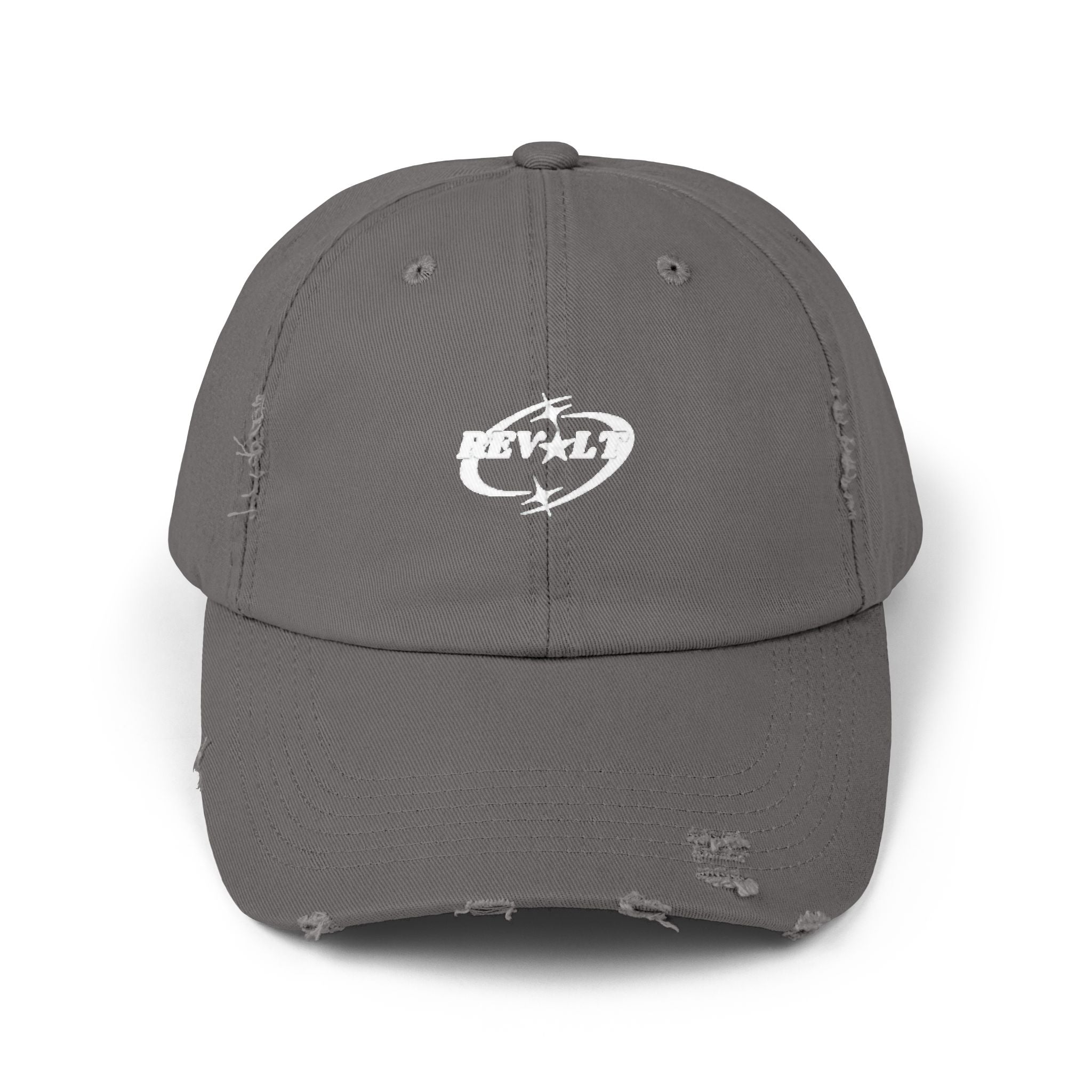 Casquette de baseball noire vieillie avec emblème grunge blanc